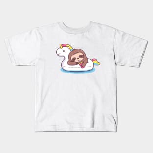 Cute Sloth Chilling On Unicorn Pool Float Kids T-Shirt